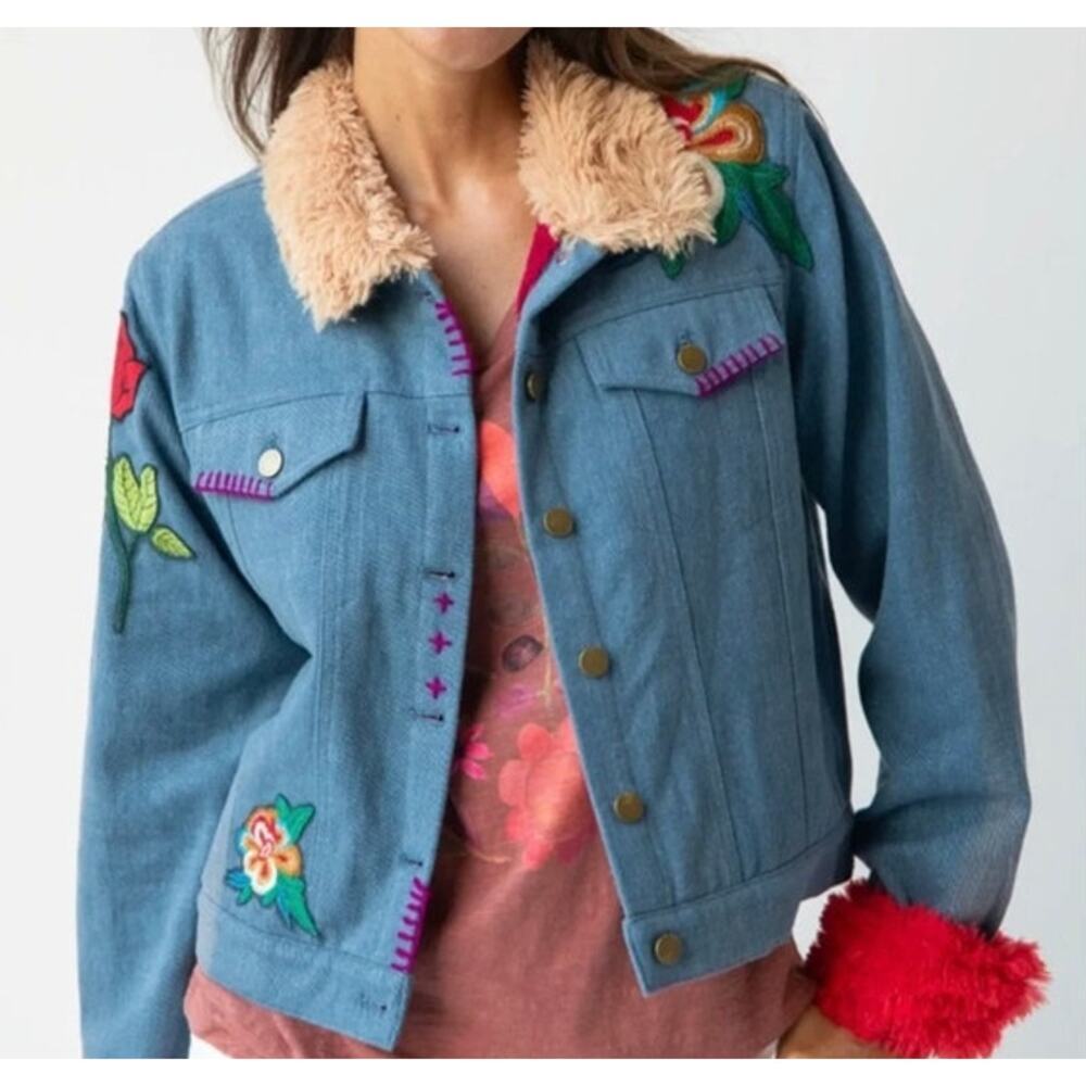 Natural Life Tara Embellished Jacket Faux Fur Embroidered Denim Coat Medium